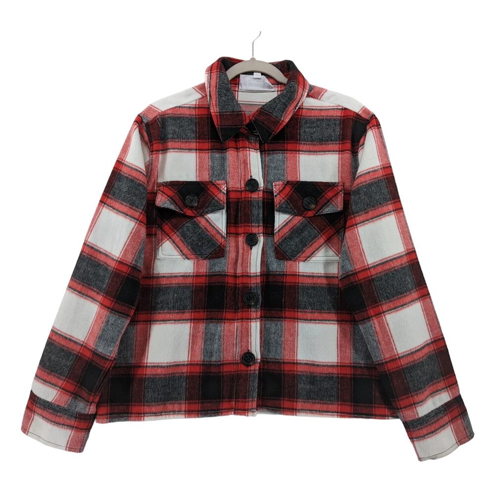 BB Dakota by Steve Madden Boxy Plaid Shacket L Red Black Layering Shirt‎ Jacket